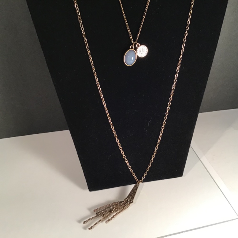 Necklace 2 Strand Antique Gold Tone With Charms and Bar Tassel Pendant